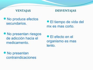 VENTAJAS DESVENTAJAS
No produce efectos
secundarios.
No presentan riesgos
de adicción hacia el
medicamento.
No presentan
contraindicaciones
El tiempo de vida del
mx es mas corto.
El efecto en el
organismo es mas
lento.
 