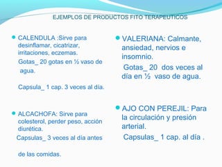 EJEMPLOS DE PRODUCTOS FITO TERAPEUTICOS
CALENDULA :Sirve para
desinflamar, cicatrizar,
irritaciones, eczemas.
Gotas_ 20 gotas en ½ vaso de
agua.
Capsula_ 1 cap. 3 veces al día.
ALCACHOFA: Sirve para
colesterol, perder peso, acción
diurética.
Capsulas_ 3 veces al día antes
de las comidas.
VALERIANA: Calmante,
ansiedad, nervios e
insomnio.
Gotas_ 20 dos veces al
día en ½ vaso de agua.
AJO CON PEREJIL: Para
la circulación y presión
arterial.
Capsulas_ 1 cap. al día .
 