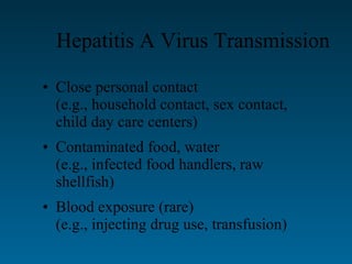 Close personal contact (e.g., household contact, sex contact, child day care centers) Contaminated food, water (e.g., infected food handlers, raw shellfish) Blood exposure (rare) (e.g., injecting drug use, transfusion) Hepatitis A Virus Transmission 