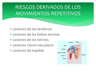  Lesiones de los tendones
 Lesiones de las bolsas serosas
 Lesiones de los nervios
 Lesiones neuro-vasculares
 Lesiones de espalda
RIESGOS DERIVADOS DE LOS
MOVIMIENTOS REPETITIVOS
 