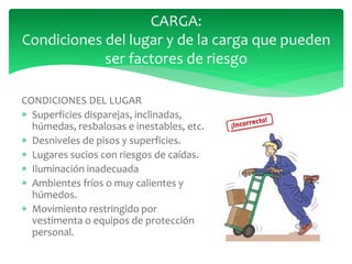 CONDICIONES DEL LUGAR
 Superficies disparejas, inclinadas,
húmedas, resbalosas e inestables, etc.
 Desniveles de pisos y superficies.
 Lugares sucios con riesgos de caídas.
 Iluminación inadecuada
 Ambientes fríos o muy calientes y
húmedos.
 Movimiento restringido por
vestimenta o equipos de protección
personal.
CARGA:
Condiciones del lugar y de la carga que pueden
ser factores de riesgo
 