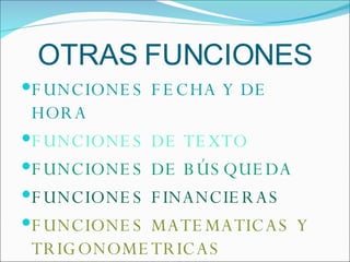 OTRAS FUNCIONES FUNCIONES FECHA Y DE HORA FUNCIONES DE TEXTO FUNCIONES DE BÚSQUEDA FUNCIONES FINANCIERAS FUNCIONES MATEMATICAS Y TRIGONOMETRICAS 