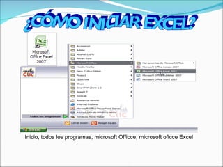 ¿CÓMO INICIAR EXCEL? Inicio, todos los programas, microsoft Officce, microsoft oficce Excel 