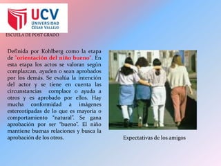 Definida por Kohlberg como la etapa de "orientación del niño bueno". En esta etapa los actos se valoran según complazcan, ayuden o sean aprobados por los demás. Se evalúa la intención del actor y se tiene en cuenta las circunstancias  complace o ayuda a otros y es aprobado por ellos. Hay mucha conformidad a imágenes estereotipadas de lo que es mayoría o comportamiento “natural”. Se gana aprobación por ser “bueno”. El niño mantiene buenas relaciones y busca la aprobación de los otros.Expectativas de los amigos