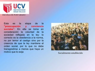 Esta es la etapa de la "preocupación y conciencia sociales". En ella se toma en consideración la voluntad de la sociedad reflejada en la ley: lo correcto es la obediencia a la norma, no por temor al castigo sino por la creencia de que la ley mantiene el orden social, por lo que no debe transgredirse a menos que haya un motivo que lo exijaSocialmente establecido