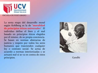 La sexta etapa del desarrollo moral según Kohlberg es la de "moralidad de principios éticos universales". El individuo define el bien y el mal basado en principios éticos elegidos por él mismo, de su propia conciencia. Se basan en normas abstractas de justicia y respeto por todos los seres humanos que trascienden cualquier ley o contrato social. Se actúa de acuerdo a normas interiorizadas y se actuará mal si se va en contra de estos principios.Gandhi