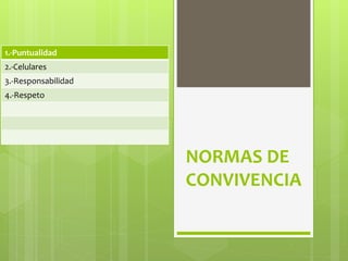 NORMAS DE
CONVIVENCIA
1.-Puntualidad
2.-Celulares
3.-Responsabilidad
4.-Respeto
 