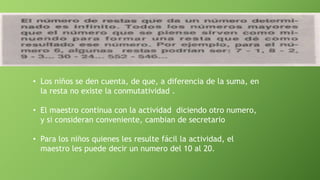 • Los niños se den cuenta, de que, a diferencia de la suma, en
la resta no existe la conmutatividad .
• El maestro continua con la actividad diciendo otro numero,
y si consideran conveniente, cambian de secretario
• Para los niños quienes les resulte fácil la actividad, el
maestro les puede decir un numero del 10 al 20.
 