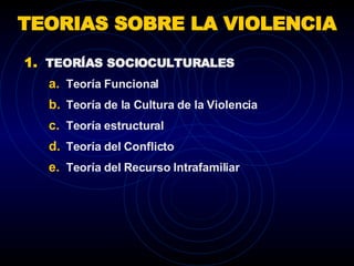 TEORIAS SOBRE LA VIOLENCIA TEORÍAS SOCIOCULTURALES Teoría Funcional Teoría de la Cultura de la Violencia Teoría estructural Teoría del Conflicto Teoría del Recurso Intrafamiliar 