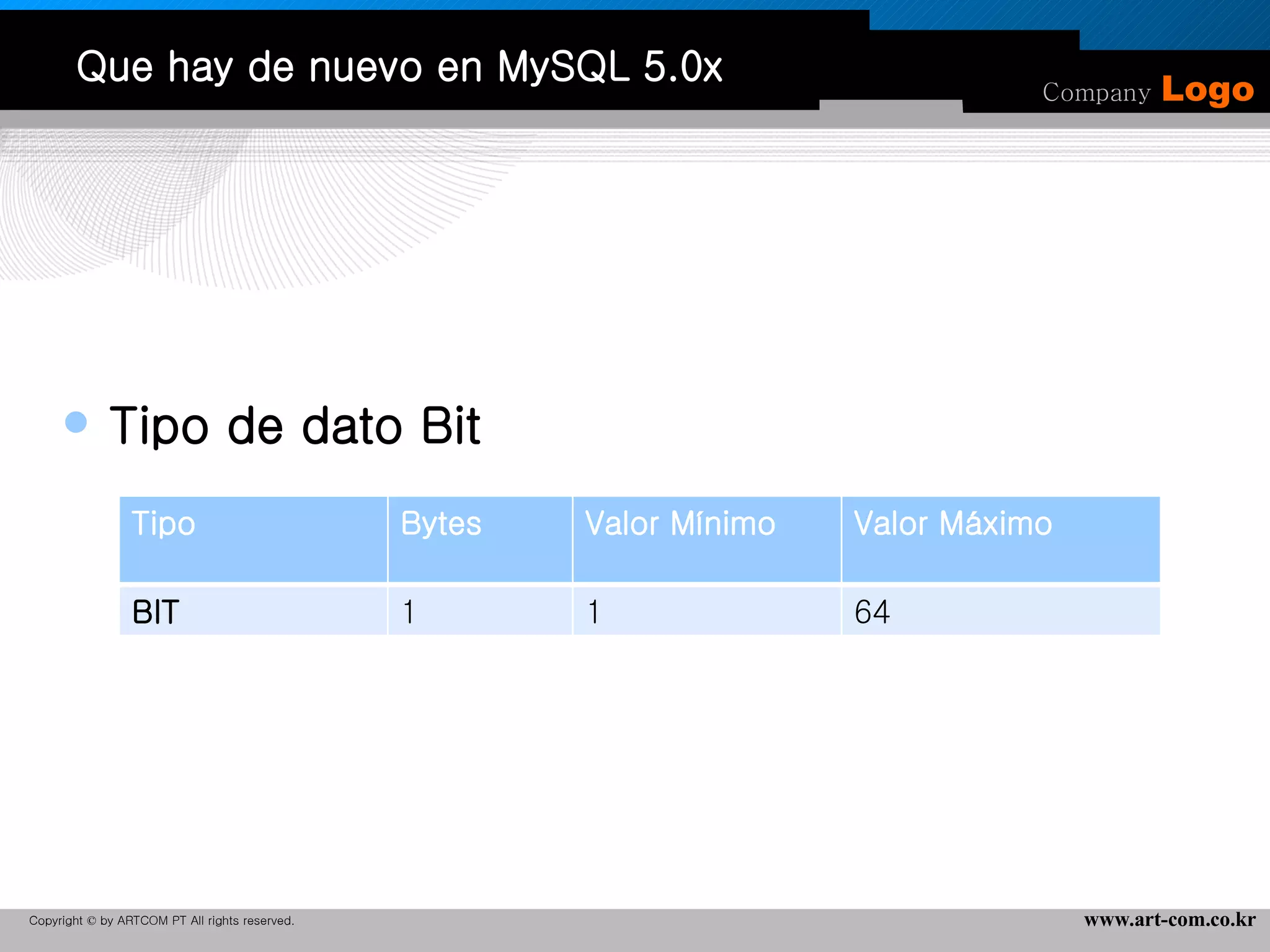 Que hay de nuevo en MySQL 5.0x Tipo de dato Bit Tipo Bytes Valor Mínimo Valor Máximo BIT 1 1 64 