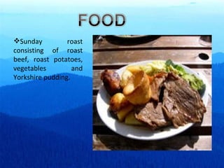 Sunday roast consisting of roast beef, roast potatoes, vegetables and Yorkshire pudding. 