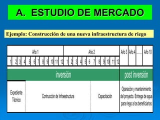 A. ESTUDIO DE MERCADO
Ejemplo: Construcción de una nueva infraestructura de riego
Año3 Año4……… Año10
1 2 3 4 5 6 7 8 9 10 11 12 1 2 3 4 5 6 7 8 9 10 11 12
Expediente
Técnico
ContruccióndeInfraestructura Capacitación
Operaciónymantenimiento
delproyecto.Entregadeagua
parariegoalosbeneficiarios
Año1 Año2
inversión postinversión
 