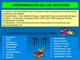 i. DETERMINACIÓN DE LOS SERVICIOS
Así como las unidades en que éstos serán medidos.
 Educación
 Salud
 Acueducto,
alcantarillado
 Electricidad
 Transporte
 Limpieza Pública
 Mercado
 Matadero
 Alumnos/año
 Atenciones/año
 M3/año, litros/seg.
 Kilovatios - hora
 Pasajeros/día o año
 Toneladas/día o año
 Toneladas/día o año
 Cabezas/día, Ton/año
Los bienes o servicios públicos que se ofrecerán surgen directamente de las Alternativas
de Solución. Por ejemplo:
Py. Saneamiento ---) Ss. Dotación de agua y Capacitación para uso adecuado del agua.
Py. Salud ---) Promoción, consultas de IRA y EDA, parto, CRED (según el nivel del
establecimiento de salud).
Py. Educación ---) Ss. Educativos para tres primeros años de nivel primaria, para
educación especial, etc.
 