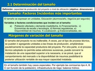 Tamaño: Factores Incidentes más importantes
El tamaño se expresan en unidades. Educación (alumnos/año, riego/Lts por segundo)
Variables o factores condicionantes que inciden en el tamaño:
a) Población afectada y demanda insatisfecha, b) Financiamiento. c)
Economías de escala y tecnología, d) Normas regulatorias, e)
Disponibilidad de insumos, f) Localización, g) Estacionalidades, etc.
Márgenes de variación del tamaño
El tamaño del proyecto no es inalterable. A veces, por el tipo de proceso técnico,
se pueden ir agregando unidades a las líneas de producción, ampliándose
paulatinamente la capacidad productora del proyecto. Por otra parte, si el proceso
técnico adoptado no permite estas adiciones sucesivas, puede convenir la
instalación de una capacidad superior a la necesaria, si se prevé, que el
comportamiento del mercado o la disponibilidad de insumos posibilitará la
posterior utilización rentable de esa mayor capacidad instalada.
En el tamaño también hay casos especiales. Por ejemplo las comisarías tipo A, B,
C (en función de la población), infraestructura de riego: balance hídrico.
2.1 Determinación del tamaño
Definición: capacidad de producción del proyecto o nivel de utilización (objetivo: dimensionar).
 