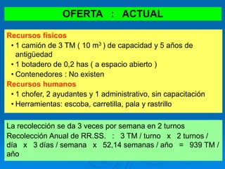 OFERTA : ACTUAL
Recursos físicos
• 1 camión de 3 TM ( 10 m3 ) de capacidad y 5 años de
antigüedad
• 1 botadero de 0,2 has ( a espacio abierto )
• Contenedores : No existen
Recursos humanos
• 1 chofer, 2 ayudantes y 1 administrativo, sin capacitación
• Herramientas: escoba, carretilla, pala y rastrillo
La recolección se da 3 veces por semana en 2 turnos
Recolección Anual de RR.SS. : 3 TM / turno x 2 turnos /
día x 3 días / semana x 52,14 semanas / año = 939 TM /
año
 