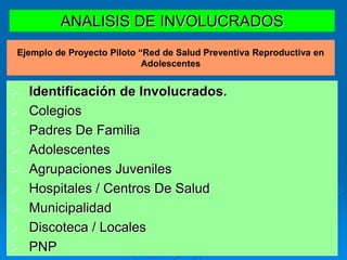 ANALISIS DE INVOLUCRADOS
 Identificación de Involucrados.
 Colegios
 Padres De Familia
 Adolescentes
 Agrupaciones Juveniles
 Hospitales / Centros De Salud
 Municipalidad
 Discoteca / Locales
 PNP
Ejemplo de Proyecto Piloto “Red de Salud Preventiva Reproductiva en
Adolescentes
 