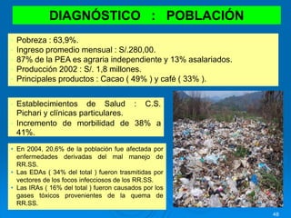 48
• Establecimientos de Salud : C.S.
Pichari y clínicas particulares.
• Incremento de morbilidad de 38% a
41%.
DIAGNÓSTICO : POBLACIÓN
• En 2004, 20,6% de la población fue afectada por
enfermedades derivadas del mal manejo de
RR.SS.
• Las EDAs ( 34% del total ) fueron trasmitidas por
vectores de los focos infecciosos de los RR.SS.
• Las IRAs ( 16% del total ) fueron causados por los
gases tóxicos provenientes de la quema de
RR.SS.
• Pobreza : 63,9%.
• Ingreso promedio mensual : S/.280,00.
• 87% de la PEA es agraria independiente y 13% asalariados.
• Producción 2002 : S/. 1,8 millones.
• Principales productos : Cacao ( 49% ) y café ( 33% ).
 