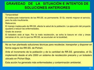55
• Temporalidad
El inadecuado tratamiento de los RR.SS. es permanente. El GL intentó mejorar el servicio,
pero ha sido insuficiente.
• Relevancia
El manejo inadecuado de RR.SS. afecta la salud de la población. La ejecución del proyecto
ayudará a reducir las enfermedades.
• Grado de avance
El botadero está al tope. Por la mala recolección, se echa la basura en vías y áreas
cercanas al río, con lo que los RR.SS. se acumulan en la localidad.
GRAVEDAD DE LA SITUACIÓN E INTENTOS DE
SOLUCIONES ANTERIORES
• No se han planteado soluciones técnicas para recolectar, transportar y disponer en
forma segura los RR.SS. de Pichari.
• Ante el incremento de la población y de la cantidad de RR.SS. generados, el GL
implementó desde el año 2000 un sistema de recolección precario y un botadero
ubicado en Pichari Baja.
• Esta acción ha generado más enfermedades y contaminación ambiental.
 