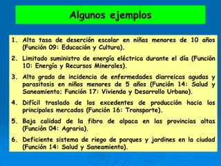 Algunos ejemplos
1. Alta tasa de deserción escolar en niñas menores de 10 años
(Función 09: Educación y Cultura).
2. Limitado suministro de energía eléctrica durante el día (Función
10: Energía y Recursos Minerales).
3. Alto grado de incidencia de enfermedades diarreicas agudas y
parasitosis en niños menores de 5 años (Función 14: Salud y
Saneamiento; Función 17: Vivienda y Desarrollo Urbano).
4. Difícil traslado de los excedentes de producción hacia los
principales mercados (Función 16: Transporte).
5. Baja calidad de la fibra de alpaca en las provincias altas
(Función 04: Agraria).
6. Deficiente sistema de riego de parques y jardines en la ciudad
(Función 14: Salud y Saneamiento).
 