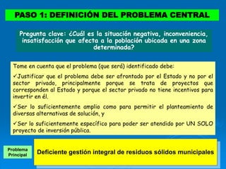 PASO 1: DEFINICIÓN DEL PROBLEMA CENTRAL
Pregunta clave: ¿Cuál es la situación negativa, inconveniencia,
insatisfacción que afecta a la población ubicada en una zona
determinada?
Tome en cuenta que el problema (que será) identificado debe:
Justificar que el problema debe ser afrontado por el Estado y no por el
sector privado, principalmente porque se trata de proyectos que
corresponden al Estado y porque el sector privado no tiene incentivos para
invertir en él.
Ser lo suficientemente amplio como para permitir el planteamiento de
diversas alternativas de solución, y
Ser lo suficientemente específico para poder ser atendido por UN SOLO
proyecto de inversión pública.
Problema
Principal
Deficiente gestión integral de residuos sólidos municipales
 