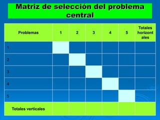 Matriz de selección del problema
central
Problemas 1 2 3 4 5
Totales
horizont
ales
1
2
3
4
5
Totales verticales
 