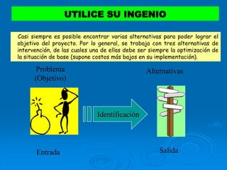 Casi siempre es posible encontrar varias alternativas para poder lograr el
objetivo del proyecto. Por lo general, se trabaja con tres alternativas de
intervención, de las cuales una de ellas debe ser siempre la optimización de
la situación de base (supone costos más bajos en su implementación).
Entrada Salida
Problema
(Objetivo)
Alternativas
Identificación
UTILICE SU INGENIO
 