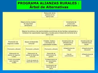 PROGRAMA ALIANZAS RURALES :
Árbol de Alternativas
Mejorar los activos y las oportunidades económicas de las familias campesinas y
fortalecer las capacidades regionales y locales para el desarrollo territorial de la
sierra rural.
Mejora de los niveles
de seguridad
alimentaría
Incremento de
producción,
empleo e ingreso
Promoción de
negocios rurales
Apoyo al desarrollo
comunal
Fortalec. Instituc.
y formación de
capacidades locales
Construcción de
infraestructura
productiva
Reducción de la
pobreza en la
sierra rural
Construcción de
infraestructura
social
Promoción y difusión
Elaboración de
planes de negocios
rurales.
Promoción y difusión
Elaboración de
planes de desarrollo
comunal
Fondo de apoyo al
desarrollo comunal
Promoción y difusión
Desarrollo de
instrumentos de
gestión.
Fortalecimiento de
las capacidades
locales
Infraestructura de
riego
Vías de
comunicación
Fondo concursable
para negocios
rurales
Infraestructura de
educación
Infraestructura de
salud
Coordinación del
desarrollo de la
sierra
 
