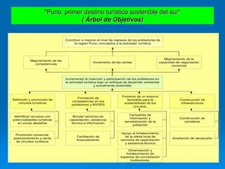 "Puno, primer destino turístico sostenible del sur“
( Árbol de Objetivos)
Contribuir a mejorar el nivel de ingresos de los pobladores de
la región Puno, vinculados a la actividad turística
Mejoramiento de las
competencias
Incremento de las ventas
Mejoramiento de la
capacidad de negociación
comercial
Incrementar la inserción y participación de los pobladores en
la actividad turística bajo un enfoque de desarrollo ambiental
y socialmente sostenible
Construcción de
infraestructura
Construcción de
carreteras
Ampliación de aeropuerto
Definición y promoción de
circuitos turísticos
Identificar recursos con
potencialidades turísticas
en zonas aledañas
Promoción comercial,
posicionamiento y venta
de circuitos turísticos
Formación de
competencias en los
pobladores y MYPES
Brindar servicios de
capacitación, asistencia
técnica e información
Facilitación de
financiamiento
Fomento de un entorno
favorable para la
sostenibilidad de los
circuitos.
Campañas de
información y
sensibilización de la
población
Apoyo al fortalecimiento
de la oferta local de
servicios de capacitación
y asistencia técnica
Dinamización y
fortalecimiento de
espacios de concertación
multiactores.
 
