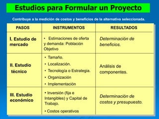 Estudios para Formular un Proyecto
PASOS INSTRUMENTOS RESULTADOS
I. Estudio de
mercado
II. Estudio
técnico
III. Estudio
económico
• Estimaciones de oferta
y demanda: Población
Objetivo
• Tamaño.
• Localización.
• Tecnología o Estrategia.
• Organización
• Implementación
• Inversión (fija e
Intangibles) y Capital de
Trabajo.
• Costos operativos
Determinación de
beneficios.
Análisis de
componentes.
Determinación de
costos y presupuesto.
Contribuye a la medición de costos y beneficios de la alternativa seleccionada.
 