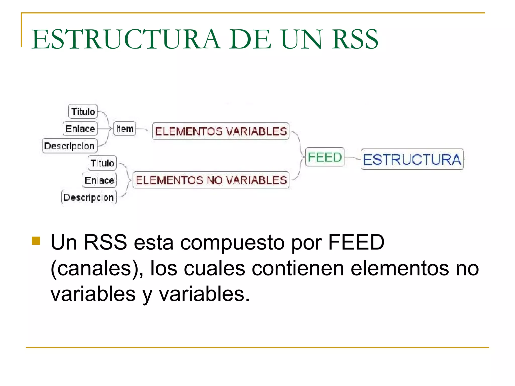 ESTRUCTURA DE UN RSS Un RSS esta compuesto por FEED (canales), los cuales contienen elementos no variables y variables. 