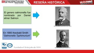 RESEÑA HISTÓRICA
El genero salmonella fue
nombrado por Daniel
elmer Salmon
En 1885 theobald Smith
“Salmonella Typhimurium”
https://es.wikipedia.org/wiki/Daniel_Elmer_Salmon
https://es.wikipedia.org/wiki/Theobald_Smith
 