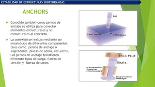 ANCHORS
 Conocido también como pernos de
anclaje se utiliza para conectar
elementos estructurales y no
estructurales al concreto.
 La conexión se realiza mediante un
ensamblaje de diferentes componentes
tales como: pernos de anclaje o
sujetadores, placas de acero, refuerzos.
Los pernos de anclaje transfieren
diferente tipos de carga: fuerza de
tención y fuerza de corte.
ESTABILIDAD DE ESTRUCTURAS SUBTERRANEAS
 