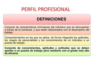 PERFIL PROFESIONAL
                           DEFINICIONES
Conjunto de características intrínsecas del individuo que se demuestran
a través de la conducta, y que están relacionados con el desempeño del
trabajo.

Comportamientos en los que se aplica, de forma integrada las aptitudes,
los rasgos de personalidad y los conocimientos de un individuo a un
puesto de trabajo.

Conjunto de conocimientos, aptitudes y actitudes que se deben
aportar a un puesto de trabajo para realizarlo con el grado más alto
de eficacia.
 