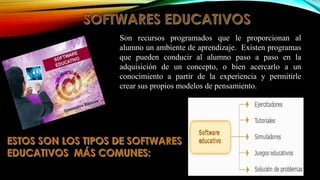 Son recursos programados que le proporcionan al
alumno un ambiente de aprendizaje. Existen programas
que pueden conducir al alumno paso a paso en la
adquisición de un concepto, o bien acercarlo a un
conocimiento a partir de la experiencia y permitirle
crear sus propios modelos de pensamiento.

 