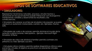 Representan fenómenos naturales, procesos, simulan hechos y
situaciones en las que el alumno puede interactuar con el programa
manipulando variables y observando los resultados y las
consecuencias.
• Simulador de carreras: es el tipo de simulador más popular; se puede
conducir un automóvil, motocicleta, camión, etc. Ejemplos: rFactor,
GTR,
• Simulador de vuelo o de aviones: permite dominar el mundo de la
aviación y pilotar aviones, helicópteros... Ejemplo: Microsoft Flight
Simulator, X-Plane

• Simulador de vida o de dinámica familiar: permite controlar una
persona y su vida. Ejemplo: Los Sims.
• Simulador clínico médico: permite realizar diagnósticos clínicos sobre
pacientes virtuales. El objetivo es practicar con pacientes virtuales
casos clínicos.

 