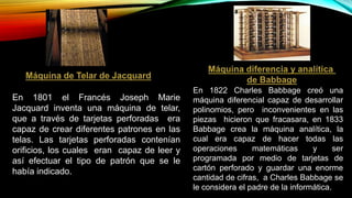 En 1801 el Francés Joseph Marie
Jacquard inventa una máquina de telar,
que a través de tarjetas perforadas era
capaz de crear diferentes patrones en las
telas. Las tarjetas perforadas contenían
orificios, los cuales eran capaz de leer y
así efectuar el tipo de patrón que se le
había indicado.

En 1822 Charles Babbage creó una
máquina diferencial capaz de desarrollar
polinomios, pero inconvenientes en las
piezas hicieron que fracasara, en 1833
Babbage crea la máquina analítica, la
cual era capaz de hacer todas las
operaciones
matemáticas
y
ser
programada por medio de tarjetas de
cartón perforado y guardar una enorme
cantidad de cifras, a Charles Babbage se
le considera el padre de la informática.

 