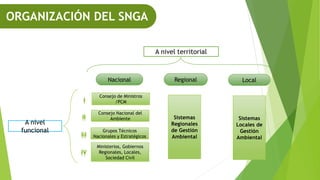 A nivel
funcional
Consejo de Ministros
/PCM
A nivel territorial
Consejo Nacional del
Ambiente
Grupos Técnicos
Nacionales y Estratégicos
Ministerios, Gobiernos
Regionales, Locales,
Sociedad Civil
Nacional Regional Local
Sistemas
Regionales
de Gestión
Ambiental
Sistemas
Locales de
Gestión
Ambiental
ORGANIZACIÓN DEL SNGA
 