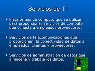 Servicios de TI Plataformas de computo que se utilizan para proporcionar servicios de computo que conecta a empleados proveedores. Servicios de telecomunicaciones que proporcionan  la conectividad de datos a empleados, clientes y proveedores. Servicios de administración de datos que almacena y trabaja los datos. 