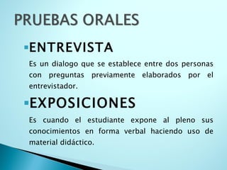 ENTREVISTA Es un dialogo que se establece entre dos personas con preguntas previamente elaborados por el entrevistador. EXPOSICIONES Es cuando el estudiante expone al pleno sus conocimientos en forma verbal haciendo uso de material didáctico. 