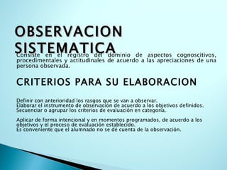 OBSERVACION SISTEMATICA Consiste en el registro del dominio de aspectos cognoscitivos, procedimentales y actitudinales de acuerdo a las apreciaciones de una persona observada. CRITERIOS PARA SU ELABORACION Definir con anterioridad los rasgos que se van a observar. Elaborar el instrumento de observación de acuerdo a los objetivos definidos. Secuenciar o agrupar los criterios de evaluación en categoría. Aplicar de forma intencional y en momentos programados, de acuerdo a los objetivos y el proceso de evaluación establecido. Es conveniente que el alumnado no se dé cuenta de la observación. 