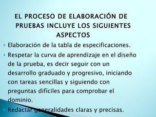 EL PROCESO DE ELABORACIÓN DE PRUEBAS INCLUYE LOS SIGUIENTES ASPECTOS Elaboración de la tabla de especificaciones. Respetar la curva de aprendizaje en el diseño de la prueba, es decir seguir con un desarrollo graduado y progresivo, iniciando con tareas sencillas y siguiendo con preguntas difíciles para comprobar el dominio. Redactar generalidades claras y precisas. Elaborar con claridad la clave de respuestas, para validar la prueba y evitar subjetividades al momento de la revisión. 