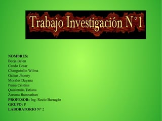 NOMBRES:
Borja Belen
Cando Cesar
Changobalin Wilma
Galeas Jhonny
Morales Dayana
Puma Cristina
Quisintuña Tatiana
Zaruma Jhonnathan
PROFESOR: Ing. Rocìo Barragàn
GRUPO: P
LABORATORIO N° 2
 