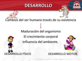 DESARROLLODESARROLLO
Cambios del ser humano través de su existencia
Maduración del organismo
El crecimiento corporal
Influencia del ambiente.
DESARROLLO FÍSICO DESARROLLO MOTOR
 