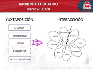 AMBIENTE EDUCATIVO
Harrow. 1978
YUXTAPOSICIÓN INTERACCIOÓN
AFECTIVO
COGNOCITIVO
SOCIAL
PSICOMOTOR
MOTRIZ - BIOLÓGICO
 