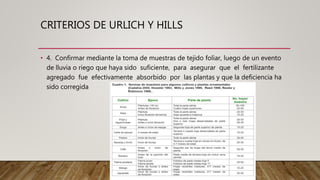 CRITERIOS DE URLICH Y HILLS
• 4. Confirmar mediante la toma de muestras de tejido foliar, luego de un evento
de lluvia o riego que haya sido suficiente, para asegurar que el fertilizante
agregado fue efectivamente absorbido por las plantas y que la deficiencia ha
sido corregida
 