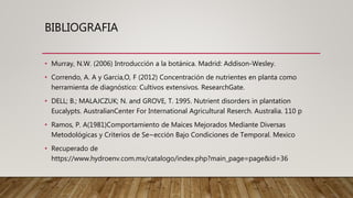 BIBLIOGRAFIA
• Murray, N.W. (2006) Introducción a la botánica. Madrid: Addison-Wesley.
• Correndo, A. A y Garcia,O, F (2012) Concentración de nutrientes en planta como
herramienta de diagnóstico: Cultivos extensivos. ResearchGate.
• DELL; B.; MALAJCZUK; N. and GROVE, T. 1995. Nutrient disorders in plantation
Eucalypts. AustralianCenter For International Agricultural Reserch. Australia. 110 p
• Ramos, P. A(1981)Comportamiento de Maíces Mejorados Mediante Diversas
Metodológicas y Criterios de Se~ección Bajo Condiciones de Temporal. Mexico
• Recuperado de
https://www.hydroenv.com.mx/catalogo/index.php?main_page=page&id=36
 