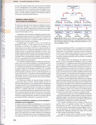 Unidad V Los líquidos corporalesy los riñones
en urea. Esta reacción libera HC1, que reacciona de inmediato
con los amortiguadores de los líquidos corporales para desviar
la concentración de H+en la dirección ácida. El cloruro de amo­
níaco se infunde a veces por vía intravenosa, pero el NH4+es muy
tóxico y por ello puede ser peligroso. Otra sustancia usada en
ocasiones es el monoclorhidmto de Usina.
Muestra de sangre
arterial
7,4
T 7,4
6Pn í
..... 1
Medidas y análisis clínicos
de los trastornos acidobásicos
El tratamiento adecuado de los trastornos acidobásicos requiere
un diagnóstico adecuado. Los trastornos acidobásicos simples
descritos antes pueden diagnosticarse analizando tres medidas
en una muestra de sangre arterial: el pH, la concentración plas­
mática de bicarbonato y la Pcor
El diagnóstico de los trastornos acidobásicos simples se hace
en varios pasos, como se muestra en la figura 30-10. Examinado
el pH podemos determinar si el trastorno es una acidosis o una
alcalosis. Un pH menor de 7,4 indica una acidosis, mientras que
un pH mayor que 7,4 indica una alcalosis.
El segundo paso es examinar la Pco2 y la concentración
plasmática de H C 03
~. El valor normal de la Pco2 es de unos
40 mmHg, y el del H C03
 de 24mEq/l. Si el trastorno se ca­
racteriza como una acidosis y la Pco2en el plasma aumenta, la
acidosis debe tener un componente respiratorio. Tras una com­
pensación renal, la concentración plasmática de H C03
~ en la
acidosis respiratoria debería tender a aumentar por encima de lo
normal. Luego los valores esperados para una acidosis respirato­
ria simple serían un pH plasmático reducido, un incremento de
la Pco2y un aumento de la concentración plasmática de HCOf
tras una compensación renalparcial.
En la acidosis metabòlica habría una reducción del pH plas­
mático. Pero en la acidosis metabòlica, la anomalía primaria es
una reducción de la concentración plasmática de HCOs~. Luego
si un pH bajo se acompaña de una concentración baja de H C03,
la acidosis tendrá un componente metabòlico. En la acidosis
metabòlica simple, la Pco2se reduce por una compensación res­
piratoria parcial, al contrario que en la acidosis respiratoria, en
la que aumenta la Pco2. Luego en una acidosis metabòlica simple
esperaríamos encontrar un pH bajo, una concentración plasmá­
tica de HCO~ baja y una reducción de la Pco2tras una compen­
sación respiratoria parcial.
El método para clasificar los tipos de alcalosis conlleva los
mismos pasos básicos. Primero, alcalosis implica que hay un
aumento del pH plasmático. Si el aumento del pH se acompaña de
una reducción de la Pco2, la alcalosis debe tener un componente
respiratorio. Si el aumento del pH se acompaña de un aumento
del H C 03~, la alcalosis debe tener un componente metabòlico.
Luego en una alcalosis respiratoria simple sería de esperar encon­
trar un aumento del pH, una reducción de la Pco2y una dismi­
nución de la concentración deH CO f en elplasma. En la alcalosis
metabòlica simple esperaríamos encontrar un aumento del pH,
un aumento del H CO f plasmático y un aumento de la Pco2.
Trastornos acidobásicos complejos y uso del nomograma
acidobàsico para el diagnóstico
En algunos casos, los trastornos acidobásicos no se acompañan
de respuestas compensadoras adecuadas. Cuando esto ocurre, la
anomalía se denomina trastorno acidobàsico mixto. Esto significa
que hay dos o más causas subyacentes del trastorno acidobàsico.
Por ejemplo, un paciente con un pH bajo se clasificaría como aci-
dótico. Si el trastorno fue de origen metabòlico se acompañaría
de un H C03
 plasmático bajo y, tras una compensación respira­
toria adecuada, de una Pco2baja. Pero si el pH plasmático bajo
Compensación
renal
HCO3-
Compensación Compensación;; Compensación
respiratoria renal respiratoria
PcOg HC03_ Pco2
40 mmHg 24 mEq/l 40 mmHg 24 mEq/l
Figura 30-10 Análisis de los trastornos acidobásicos simples. Si
las respuestas compensadoras son muy diferentes de las mostra­
das en la parte inferior de la figura, debemos sospechar un tras­
torno acidobásico mixto.
y la concentración baja de H C03~se acompañan de un aumento
de la Pco2
, sospecharíamos que la acidosis tiene un componente
respiratorio y uno metabólico. Luego este trastorno se clasifica­
ría como una acidosis mixta. Esto podría ocurrir por ejemplo
en un paciente con una pérdida digestiva aguda de H C03
 por
una diarrea (acidosis metabólica) que tiene también un enfisema
(acidosis respiratoria).
Una manera práctica de diagnosticar los trastornos acido­
básicos es usar un nomograma acidobásico, como se muestra
en la figura 30-11. El diagrama puede usarse para determinar el
tipo de acidosis o alcalosis, así como su gravedad. En este dia­
grama acidobásico, los valores de pH, concentración de H C03~y
Pco2se entrecruzan de acuerdo con la ecuación de Henderson-
Hasselbalch. El círculo central abierto muestra los valores nor­
males y las desviaciones que pueden considerarse dentro de los
límites normales. Las zonas sombreadas del diagrama muestran
los límites de confianza del 95% para las compensaciones nor­
males de los trastornos metabólicos y respiratorios simples.
Cuando se usa este diagrama debe suponerse que ha pasado
suficiente tiempo para que se produzca una respuesta compen­
sadora, que es de 6-12 h para las compensaciones ventilatorias en
los trastornos metabólicos y de 3-5 días para las compensaciones
metabólicas en los trastornos respiratorios primarios. Si un valor
está dentro de la zona sombreada, esto indica que hay un tras­
torno acidobásico simple. Por el contrario, si los valores del pH,
el bicarbonato y la Pco2 se sitúan fuera de la zona sombreada,
esto indica que puede haber un trastorno acidobásico mixto.
Es importante reconocer que un valor acidobásico situado den­
tro de la zona sombreada no siempre significa que hay un trastorno
acidobásico simple. Con esta reserva en mente, los diagramas aci­
dobásicos pueden usarse como un medio rápido de determinar el
tipo específico y gravedad de un trastorno acidobásico.
Por ejemplo, supongamos que el plasma arterial de un
paciente ofrece los siguientes valores: pH 7,3, concentra­
ción plasmática de H C03
‘ de 12,0 mEq/l y Pco2 plasmática de
25 mmHg. Con estos valores podemos mirar el diagrama y encon­
trar que representan una acidosis metabólica simple, con una
compensación respiratoria adecuada que reduce la Pco2 desde
su valor normal de 40 mmHg a 25 mmHg.
Un segundo ejemplo sería un paciente con los siguientes
valores: pH 7,15, concentración plasmática de H C 03~7 mEq/l y
桴瑰㨯⽢潯歳浥摩捯献潲
桴瑰㨯⽢潯歳浥摩捯献潲
 