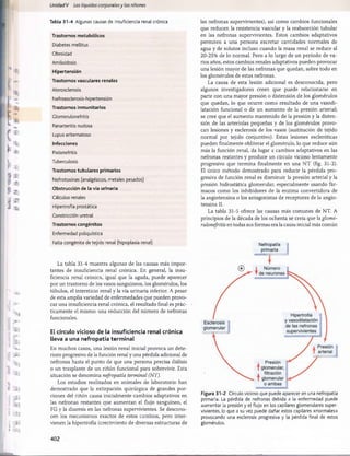 Unidad V Los líquidos corporalesy los riñones
Ì
(
4
1
8

I « I
III
m
mi
| JII
S
a
n
j ¡^liu
'%
§ p'
t ÌI1II
I i®
»
Im
'^ h
ii
| m
 % 
A
ttili
S' M
W
t 'ÍU
III
f ::|l!l
I «II
í inaiai
* isa«
Tabla 31-4 Algunas causas de insuficiencia renal crónica
Trastornos metabólicos
Diabetes mellitus
Obesidad
Amiloidosis
Hipertensión
Trastornos vasculares renales
Aterosclerosis
Nefroesclerosis-hipertensión
Trastornos inmunitarios
Glomerulonefritis
Panarteritis nudosa
Lupus eritematoso
Infecciones
Pielonefritis
Tuberculosis
Trastornos tubulares primarios
Nefrotoxinas (analgésicos, metales pesados)
Obstrucción de la vía urinaria
Cálculos renales
Hipertrofia prostética
Constricción uretral
Trastornos congénitos
Enfermedad poliquística
Falta congènita de tejido renal (hipoplasia renal)
La tabla 31-4 muestra algunas de las causas más impor­
tantes de insuficiencia renal crónica. En general, la insu­
ficiencia renal crónica, igual que la aguda, puede aparecer
por un trastorno de los vasos sanguíneos, los glomérulos, los
túbulos, el intersticio renal y la vía urinaria inferior. A pesar
de esta amplia variedad de enfermedades que pueden provo­
car una insuficiencia renal crónica, el resultado final es prác­
ticamente el mismo: una reducción del número de nefronas
funcionales.
El círculo vicioso de la insuficiencia renal crónica
lleva a una nefropatía terminal
En muchos casos, una lesión renal inicial provoca un dete­
rioro progresivo de la función renal y una pérdida adicional de
nefronas hasta el punto de que una persona precisa diálisis
o un trasplante de un riñón funcional para sobrevivir. Esta
situación se denomina nefropatía terminal (NT).
Los estudios realizados en animales de laboratorio han
demostrado que la extirpación quirúrgica de grandes por­
ciones del riñón causa inicialmente cambios adaptativos en
las nefronas restantes que aumentan el flujo sanguíneo, el
FG y la diuresis en las nefronas supervivientes. Se descono­
cen los mecanismos exactos de estos cambios, pero inter­
vienen la hipertrofia (crecimiento de diversas estructuras de
las nefronas supervivientes), así como cambios funcionales
que reducen la resistencia vascular y la reabsorción tubular
en las nefronas supervivientes. Estos cambios adaptativos
permiten a una persona excretar cantidades normales de
agua y de solutos incluso cuando la masa renal se reduce al
20-25% de lo normal. Pero a lo largo de un período de va­
rios años, estos cambios renales adaptativos pueden provocar
una lesión mayor de las nefronas que quedan, sobre todo en
los glomérulos de estas nefronas.
La causa de esta lesión adicional es desconocida, pero
algunos investigadores creen que puede relacionarse en
parte con una mayor presión o distensión de los glomérulos
que quedan, lo que ocurre como resultado de una vasodi-
latación funcional o de un aumento de la presión arterial;
se cree que el aumento mantenido de la presión y la disten­
sión de las arteriolas pequeñas y de los glomérulos provo­
can lesiones y esclerosis de los vasos (sustitución de tejido
normal por tejido conjuntivo). Estas lesiones escleróticas
pueden finalmente obliterar el glomérulo, lo que reduce aún
más la función renal, da lugar a cambios adaptativos en las
nefronas restantes y produce un círculo vicioso lentamente
progresivo que termina finalmente en una NT (fig. 31-2).
El único método demostrado para reducir la pérdida pro­
gresiva de función renal es disminuir la presión arterial y la
presión hidrostática glomerular, especialmente usando fár­
macos como los inhibidores de la enzima convertidora de
la angiotensina o los antagonistas de receptores de la angio-
tensina II.
La tabla 31-5 ofrece las causas más comunes de NT. A
principios de la década de los ochenta se creía que la glome­
rulonefritis en todas sus formas era la causa inicial más común
Nefropatía
primaria
Figura 31-2 Círculo vicioso que puede aparecer en una nefropatía
primaria. La pérdida de nefronas debida a la enfermedad puede
aumentar la presión y el flujo en los capilares glomerulares super­
vivientes, lo que a su vez puede dañar estos capilares «normales»
provocando una esclerosis progresiva y la pérdida final de estos
glomérulos.
402
桴瑰㨯⽢潯歳浥摩捯献潲
桴瑰㨯⽢潯歳浥摩捯献潲
 