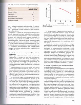 !
l'.l'
I
l
I
I
oIim


|
i
l
»
«
i
h
i
n
i
t
i
i
l
mi
I/.m
i
m
i
•

u
n
t
i
r
i
l
i
n
Capítulo 31 Nefropatías y diuréticos
Tabla 31-5 Causas más comunes de nefropatía terminal (NT)
Causa
Diabetes mellitus
Hipertensión
Clomerulonefritis
Enfermedad renal poliqufstica
Otras/desconocidas
Porcentaje total de
pacientes con NT
45
27
2
18
de NT. En los últimos años, la diabetes mettitus y la hiperten­
sión han pasado a reconocerse como las principales causas
de NT, responsables juntas de más del 70% de las insuficien­
cias renales crónicas.
Parece que el aumento de peso excesivo (obesidad) es el
factor de riesgo más importante de las dos principales causas
de NT: la diabetes y la hipertensión. Como se comentó en
el capítulo 78, la diabetes de tipo II, que está muy ligada a la
obesidad, es responsable de más del 90% de todos los casos
de diabetes mellitus. El exceso de peso es también una causa
importante de hipertensión esencial, responsable de hasta el
65-75% del riesgo de presentar una hipertensión en los adul­
tos. Además de provocar una lesión renal debida a la diabetes
y a la hipertensión, la obesidad puede tener un efecto aditivo
o sinèrgico que empeore la función renal en los pacientes con
una nefropatía previa.
La lesión de los vasos renales como causa de insuficiencia
renal crónica
Muchos tipos de lesiones vasculares pueden dar lugar a una
isquemia renal y a la muerte del tejido renal. Las más comu­
nes son: 1) la aterosclerosis de las arterias renales grandes, con
una constricción esclerótica progresiva de los vasos; 2) la hiper-
plasia fibromuscular de una o más de las arterias grandes, que
también obstruye los vasos, y 3) la nefroesclerosis, causada por
lesiones escleróticas de las arterias pequeñas, las arteriolas y los
glomérulos.
Las lesiones ateroscleróticas o hiperplásicas de las arterias
grandes afectan con frecuencia más a un riñón que al otro y, por
tanto, producen una disminución de la función renal unilateral.
Como se comentó en el capítulo 19, a menudo se produce una
hipertensión cuando la arteria de un riñón se contrae mientras la
del otro es todavía normal, una situación análoga a la hiperten­
sión de Goldblatt de «dos riñones».
La nefroesclerosis benigna, la forma más común de nefropa­
tía, se ve al menos con cierta extensión en alrededor del 70%
de las necropsias en personas fallecidas después de los 60 años.
Este tipo de lesión vascular aparece en las arterias interlobula­
res más pequeñas y en las arteriolas aferentes del riñón. Se cree
que comienza con una fuga de plasma a través de la membrana
íntima de estos vasos. Esto da lugar a depósitos fibrinoides en las
capas medias de estos vasos, seguido de un engrosamiento pro­
gresivo que finalmente contrae los vasos y, en algunos casos, los
ocluye. Como prácticamente no hay circulación colateral entre
las arterias renales pequeñas, la oclusión de una o más de ellas
destruye un número comparable de nefronas. Luego gran parte
del tejido renal es sustituido por pequeñas cantidades de tejido
fibroso. Cuando aparece la esclerosis en los glomérulos, la lesión
se denomina glomeruloesclerosis.
Edad (años)
Figura 31-3 Efecto del envejecimiento sobre el número de glo­
mérulos funcionales.
La nefroesclerosis y la glomeruloesclerosis aparecen en
cierto grado en la mayoría de las personas después de la cuarta
década de la vida y dan lugar a un descenso de alrededor de un
10% en el número de nefronas funcionales cada 10 años después
de los 40 años (fig. 31-3). Esta pérdida de glomérulos y la fun­
ción global de la nefrona se reflejan en una reducción progresiva
del flujo sanguíneo renal y del FG. Incluso en personas «nor­
males», el flujo plasmático renal y el FG se reducen un 40-50%
a los 80 años.
La frecuencia y gravedad de la nefroesclerosis y de la glo­
meruloesclerosis aumentan mucho con una hipertensión y dia­
betes mellitus concurrentes. De hecho, la diabetes mellitus y la
hipertensión son causas importantes de NT, como se expuso
antes. De este modo, la nefroesclerosis benigna acompañada de
hipertensión grave puede provocar una nefroesclerosis maligna
rápidamente progresiva. Las características histológicas de la
nefroesclerosis maligna son grandes cantidades de depósitos
fibrinoides en las arteriolas y un engrosamiento progresivo de los
vasos, con una isquemia intensa en las nefronas afectadas. Por
razones desconocidas, la incidencia de nefroesclerosis maligna
y de glomeruloesclerosis grave es significativamente superior en
los sujetos de raza negra que en los de raza blanca con edades y
grados similares de gravedad de la hipertensión y la diabetes.
La lesión de los glomérulos como causa de insuficiencia
renal crónica: glomerulonefritis
La glomerulonefritis crónica puede deberse a varias enfermeda­
des que producen inflamación y lesión en las asas capilares de
los glomérulos renales. Al contrario que la forma aguda de esta
enfermedad, la glomerulonefritis crónica es una enfermedad len­
tamente progresiva que lleva a menudo a una insuficiencia renal
irreversible. Puede ser una nefropatía primaria, tras una glo­
merulonefritis aguda, o secundaria a una enfermedad sistèmica,
como el lupus eritematoso.
En la mayoría de los casos, la glomerulonefritis crónica
comienza con la acumulación de complejos antígeno-anticuerpo
precipitados en la membrana glomerular. Al contrario que la
glomerulonefritis aguda, la infección estreptocócica es respon­
sable sólo de un pequeño porcentaje de pacientes con la forma
crónica de la glomerulonefritis. La acumulación de complejos
antígeno-anticuerpo en las membranas glomerulares provoca
inflamación, engrosamiento progresivo de las membranas e
invasión final de los glomérulos por tejido fibroso. En los últimos
estadios de la enfermedad, el coeficiente de filtración capilar
glomerular se reduce mucho por un menor número de capilares
filtradores en los penachos glomerulares y por un engrosa­
miento de las membranas glomerulares. En los estadios finales
403
U
N
I
D
A
D
V
桴瑰㨯⽢潯歳浥摩捯献潲
桴瑰㨯⽢潯歳浥摩捯献潲
 