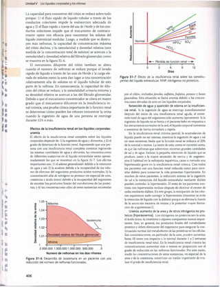 Unidad V Los líquidos corporalesy los riñones
La capacidad para concentrar del riñón se reduce sobre todo
porque: 1) el flujo rápido de líquido tubular a través de los
conductos colectores impide la reabsorción adecuada de
agua y 2) el flujo rápido a través del asa de Henle y de los con­
ductos colectores impide que el mecanismo de contraco­
rriente opere con eficacia para concentrar los solutos del
líquido intersticial medular. Luego, a medida que se destru­
yen más nefronas, la capacidad de concentración máxima
del riñón declina, y la osmolaridad y densidad relativa (una
medida de la concentración total de solutos) se acercan a la
osmolaridad y densidad relativa del filtrado glomerular, como
se muestra en la figura 31-6.
El mecanismo diluyente del riñón también se altera
cuando el número de nefronas se reduce porque el lavado
rápido de líquido a través de las asas de Henle y la carga ele­
vada de solutos como la urea dan lugar a una concentración
relativamente alta de solutos en el líquido tubular de esta
parte de la nefrona. En consecuencia, la capacidad de dilu­
ción del riñón se reduce, y la osmolalidad urinaria mínima y
su densidad relativa se acercan a las del filtrado glomerular.
Debido a que el mecanismo concentrador se altera en mayor
grado que el mecanismo diluyente en la insuficiencia re­
nal crónica, una prueba clínica importante de la función renal
es determinar cómo pueden los riñones concentrar la orina
cuando la ingestión de agua de una persona se restringe
durante 12 h o más.
Efectos de la insuficiencia renal en los líquidos corporales:
uremia
El efecto de la insuficiencia renal completa sobre los líquidos
corporales depende de: 1) la ingestión de agua y alimentos, y 2) el
grado de deterioro de la función renal. Suponiendo que una per­
sona con una insuficiencia renal completa continúe ingiriendo
las mismas cantidades de agua y alimento, las concentraciones
de diferentes sustancias en el líquido extracelular serán aproxi­
madamente las que se muestran en la figura 31-7. Los efectos
importantes son: 1) el edema generalizado debido a la retención
de agua y sal; 2) la acidosis debida a la incapacidad de los riño­
nes de eliminar del organismo productos ácidos normales; 3) la
concentración alta de nitrógeno no proteico (en especial de urea,
creatinina y ácido úrico) debido a la incapacidad del organismo
de excretar los productos finales del metabolismo de las proteí­
nas, y 4) las concentraciones altas de otras sustancias excretadas
a)
■
o
1,05-
Máxima
Densidad relativa del filtrado glomerular
Mínima
1 H------------ 1
------------ 1
------------ 1
------------ 1
2.000.000 1.500.0001.000.000 500.000 0
Número de nefronas en los dos riñones
Figura 31-6 Desarrollo de isostenuria en un paciente con una
reducción del número de nefronas funcionales.
Días
Figura 31-7 Efecto de la insuficiencia renal sobre los constitu­
yentes del líquido extracelular. NNP, nitrógenos no proteicos.
por el riñón, incluidosfenoles, sulfatos, fosfatos, potasio y bases
guanidina. Esta situación se llama uremia debido a las concen­
traciones elevadas de urea en los líquidos corporales.
Retención de agua y aparición de edema en la insuficien­
cia renal. Si la ingestión de agua se restringe inmediatamente
después del inicio de una insuficiencia renal aguda, el conte­
nido total de agua del organismo sólo aumenta ligeramente. Si la
ingestión de líquido no se limita y el paciente bebe en respuesta a
los mecanismos normales de la sed, el líquido corporal comienza
a aumentar de forma inmediata y rápida.
En la insuficiencia renal crónica parcial, la acumulación de
líquido puede no ser intensa, mientras la ingestión de agua y sal
no sean excesivas, hasta que la función renal se reduzca al 25%
de lo normal o menos. La razón de esto, como se comentó antes,
es que las nefronas que sobreviven excretan grandes cantidades
de sal y de agua. Incluso la pequeña retención de líquido que se
produce, junto a la mayor secreción de renina y de angioten-
sina II habitual en la nefropatía isquémica, causa a menudo una
hipertensión grave en la insuficiencia renal crónica. Casi todos
los pacientes con una función renal reducida como para nece­
sitar diálisis para conservar la vida presentan hipertensión. En
muchos de estos pacientes, la reducción intensa de la ingestión
de sal o la extracción del líquido extracelular mediante diálisis
pueden controlar la hipertensión. El resto de los pacientes con­
tinúa con hipertensión incluso después de eliminar el exceso de
sodio mediante diálisis. En este grupo, la extirpación de los riño­
nes isquémicos suele corregir la hipertensión (mientras se evite
la retención de líquido con la diálisis) porque se elimina la fuente
de la secreción excesiva de renina y la posterior mayor forma­
ción de angiotensina II.
Uremia: aumento de la urea y de otros nitrógenos no pro­
teicos (hiperazoemia). Los nitrógenos no proteicos son la urea,
el ácido úrico, la creatinina y algunos compuestos menos impor­
tantes. Son, en general, los productos finales del metabolismo
proteico y deben eliminarse del organismo para asegurar la con­
tinuación normal del metabolismo de las proteínas en las células.
Sus concentraciones, en particular de la urea, pueden aumentar
hasta 10 veces con respecto a lo normal durante 1 a 2 semanas
de insuficiencia renal total. En la insuficiencia renal crónica las
concentraciones aumentan más o menos en proporción con el
grado de reducción en las nefronas funcionales. Por esta razón,
medir las concentraciones de estas sustancias, en especial de la
urea y de la creatinina, constituye un medio importante de eva­
luar el grado de insuficiencia renal.
桴瑰㨯⽢潯歳浥摩捯献潲
桴瑰㨯⽢潯歳浥摩捯献潲
 